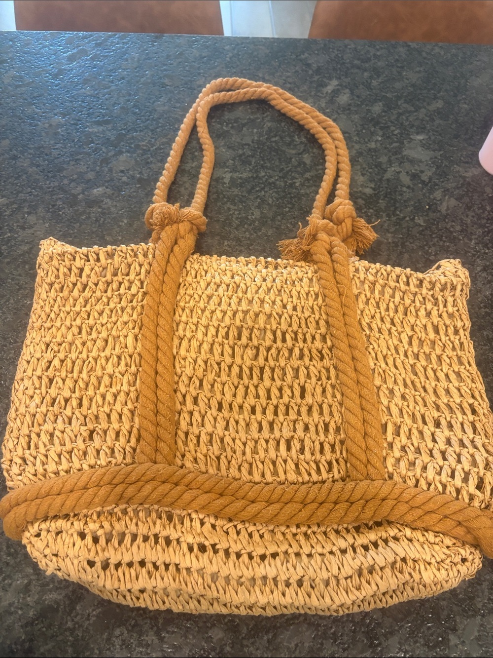 Woven Straw Tote Bag with Rope Handles - Tan